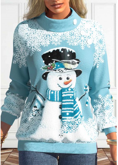 Light Blue tops,Christmas tops,ROTITA Button Snowman Print Light Blue Stand Collar Sweatshirt