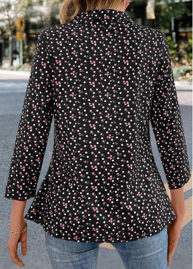Black tops,White tops,Ditsy Floral tops,Dot tops,Button Ditsy Floral Print Black Shirt Collar Blouse