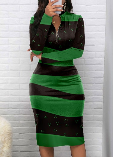Green dresses,Black dresses,Geometric dresses,Striped dresses,Dot dresses,Party dresses,Elegant dresses,ROTITA Zipper Geometric Print Green Stand Collar Bodycon Dress