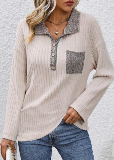 Beige tops,Contrast Color tops,ROTITA Button Beige Turn Down Collar Long Sleeve Sweatshirt