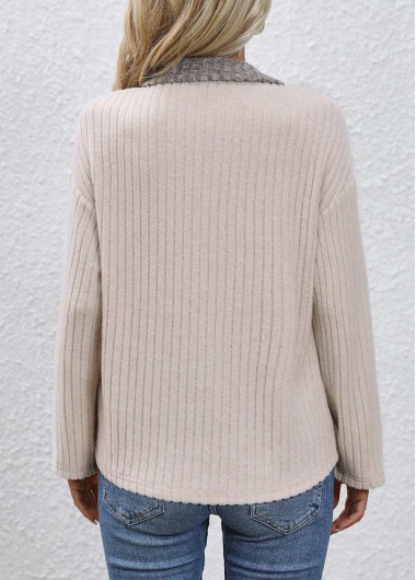 Beige tops,Contrast Color tops,ROTITA Button Beige Turn Down Collar Long Sleeve Sweatshirt