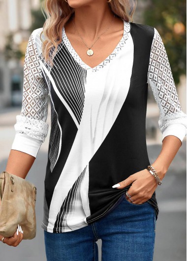 Grey tops,Black tops,Geometric tops,Striped tops,Lace Geometric Print Grey V Neck T Shirt
