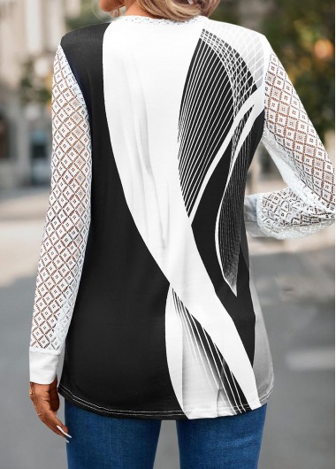 Grey tops,Black tops,Geometric tops,Striped tops,Lace Geometric Print Grey V Neck T Shirt