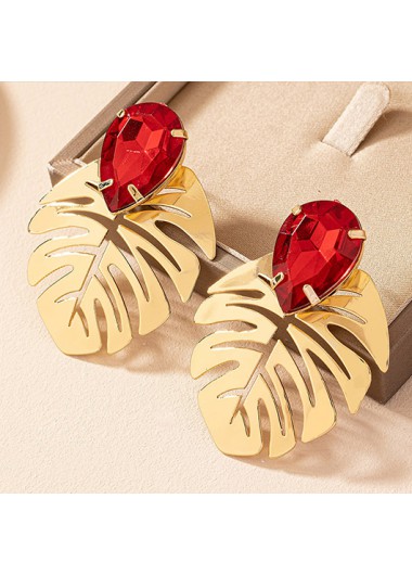 Red jewelry,Plants jewelry,Leaf Cutout Waterdrop Gold Metal Earrings