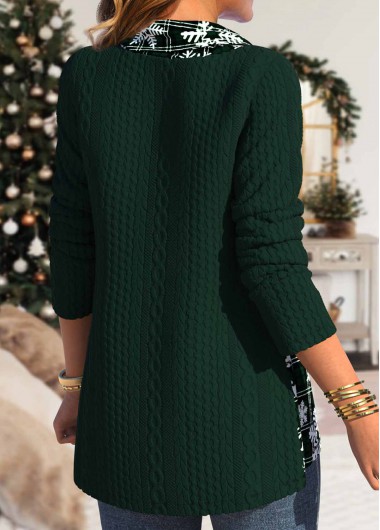Blackish Green tops,White tops,Christmas tops,Plaid tops,Striped tops,Geometric tops,ROTITA Button Christmas Snowflake Print Blackish Green Cowl Neck Sweatshirt