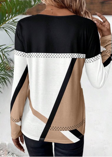 Light Coffee plus size,White plus size,Geometric plus size,Striped plus size,ROTITA Plus Size Patchwork Light Coffee Geometric Print T Shirt