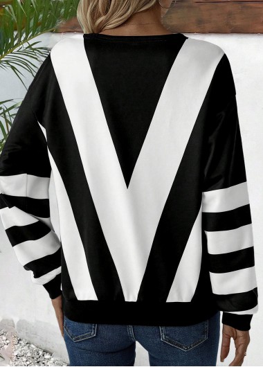Black tops,White tops,Striped tops,Geometric tops,ROTITA Zipper Striped Black Round Neck Long Sleeve Sweatshirt