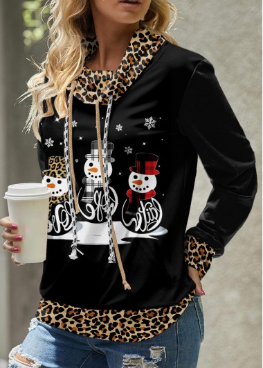 Rotita Patchwork Leopard Light Coffee Cowl Neck Christmas Sweatshirt