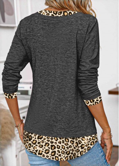 Dark Grey plus size,Leopard plus size,ROTITA Plus Size Patchwork Dark Grey Leopard T Shirt
