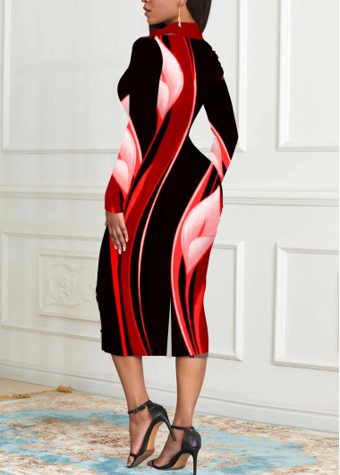 Red dresses,Black dresses,Floral dresses,Striped dresses,Geometric dresses,Party dresses,Elegant dresses,ROTITA Zipper Floral Print Red Stand Collar Bodycon Dress