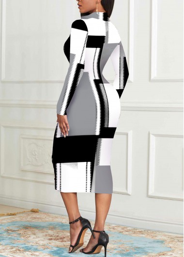Grey dresses,White dresses,Geometric dresses,Striped dresses,Party dresses,Elegant dresses,ROTITA Zipper Geometric Print Grey Stand Collar Bodycon Dress