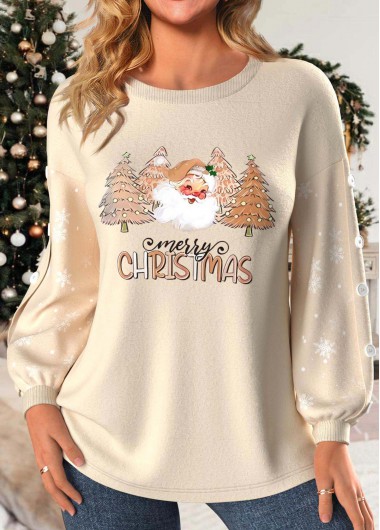 Light Camel tops,Christmas tops,Letter tops,Plants tops,ROTITA Button Christmas Print Light Camel Round Neck Sweatshirt