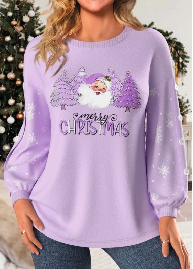 Light Purple tops,Christmas tops,Plants tops,Letter tops,ROTITA Button Christmas Print Light Purple Round Neck Sweatshirt