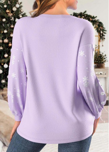 Light Purple tops,Christmas tops,Plants tops,Letter tops,ROTITA Button Christmas Print Light Purple Round Neck Sweatshirt