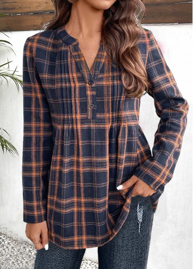 Navy tops,Plaid tops,Geometric tops,Striped tops,ROTITA Tuck Stitch Plaid Navy Split Neck Long Sleeve Blouse
