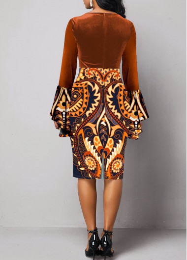 Dark Coffee dresses,Tribal dresses,Dot dresses,Geometric dresses,Party dresses,Elegant dresses,ROTITA Velvet Tribal Print Dark Coffee Round Neck Bodycon Dress