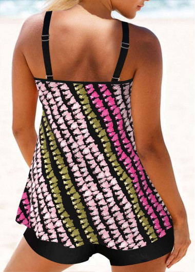 Multi Color swimwear,Striped swimwear,Geometric swimwear,ROTITA Circular Ring Multi Color Mid Waisted Tankini Set