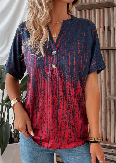 Wine Red tops,Ombre tops,Button Ombre Wine Red Split Neck T Shirt