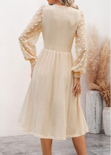 Beige dresses,Plain Color dresses,Everyday dresses,Casual dresses,ROTITA Patchwork Beige V Neck Long Sleeve Dress