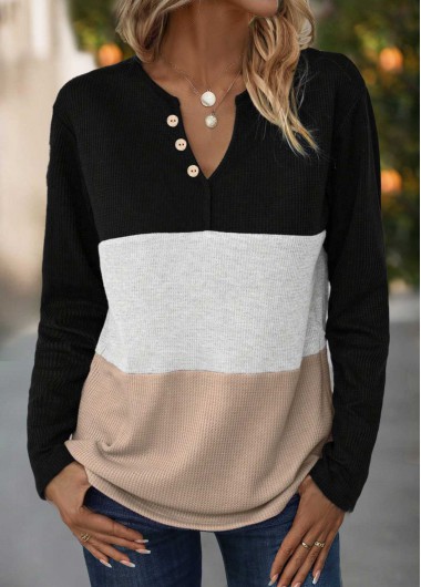 Black tops,White tops,Contrast Color tops,ROTITA Button Black Split Neck Long Sleeve T Shirt