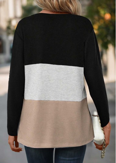 Black tops,White tops,Contrast Color tops,ROTITA Button Black Split Neck Long Sleeve T Shirt