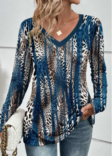 Peacock Blue tops,Leopard tops,ROTITA Patchwork Leopard Peacock Blue V Neck T Shirt