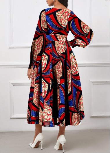 Red dresses,Royal Blue dresses,Tribal dresses,Geometric dresses,Striped dresses,Dot dresses,Party dresses,Elegant dresses,ROTITA Umbrella Hem Tribal Print Red Belted Round Neck Dress