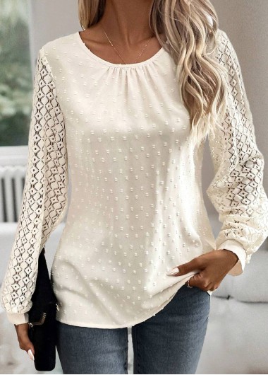 Beige tops,Plain Color tops,ROTITA Button Beige Round Neck Long Sleeve Blouse