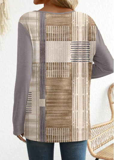 Light Camel tops,Graphic tops,Geometric tops,Striped tops,ROTITA Patchwork Graffiti Print Light Camel Round Neck T Shirt