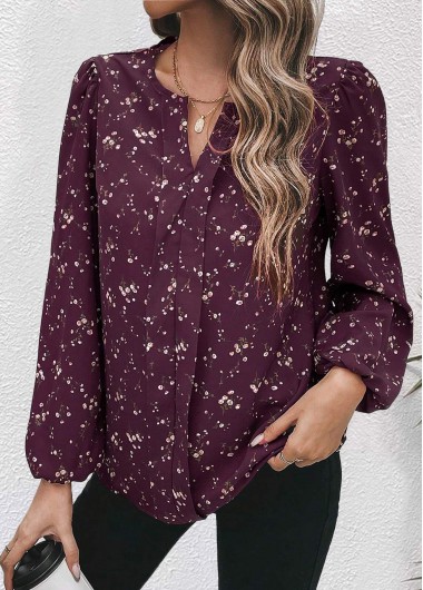 Dark Reddish Purple tops,Floral tops,Plants tops,Ditsy Floral tops,ROTITA Split Floral Print Dark Reddish Purple Long Sleeve Blouse