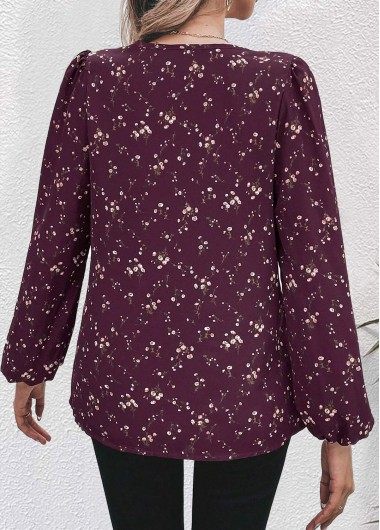 Dark Reddish Purple tops,Floral tops,Plants tops,Ditsy Floral tops,ROTITA Split Floral Print Dark Reddish Purple Long Sleeve Blouse