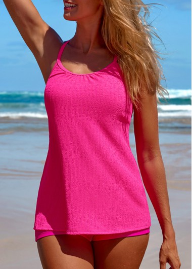 Neon Rose Red swimwear,Plain Color swimwear,ROTITA Burn Out Printing Neon Rose Red Tankini Set