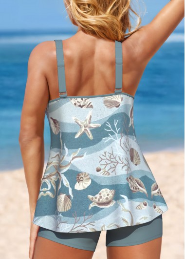 Dusty Blue swimwear,Animal Print swimwear,Plants swimwear,Striped swimwear,Geometric swimwear,ROTITA Lightweight Dusty Blue Marine Life Print Tankini Set