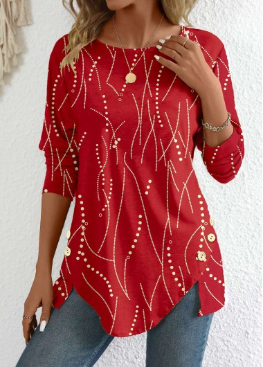 Red tops,Geometric tops,Dot tops,Striped tops,ROTITA Button Geometric Print Red Round Neck T Shirt