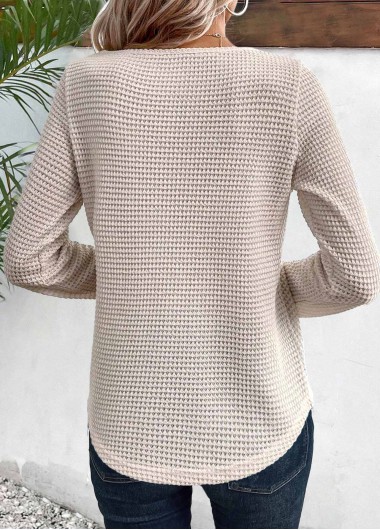 Beige tops,Plain Color tops,ROTITA Lace Beige Round Neck Long Sleeve T Shirt