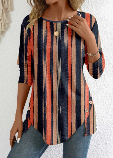 Multi Color tops,Striped tops,Geometric tops,ROTITA Button Multi Stripe Print Round Neck T Shirt