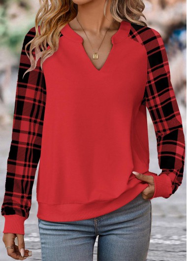 Red tops,Plaid tops,Geometric tops,Striped tops,ROTITA Split Plaid Red Long Sleeve Sweatshirt