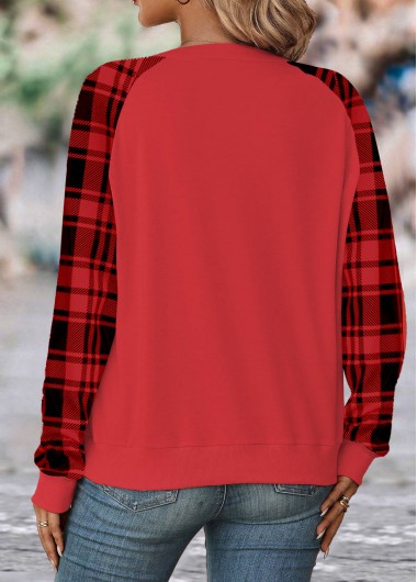 Red tops,Plaid tops,Geometric tops,Striped tops,ROTITA Split Plaid Red Long Sleeve Sweatshirt