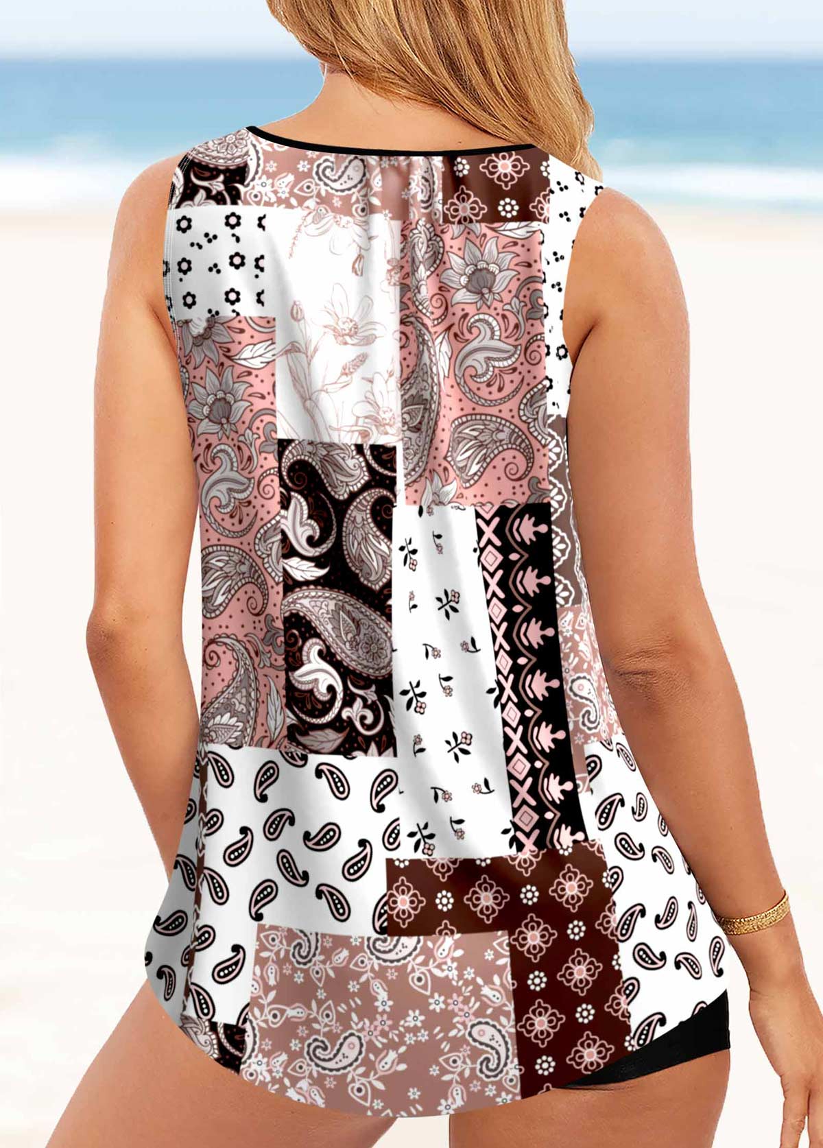 Pink swimwear,Tribal swimwear,ROTITA Tribal Print Ring Detail Pink Tankini Top