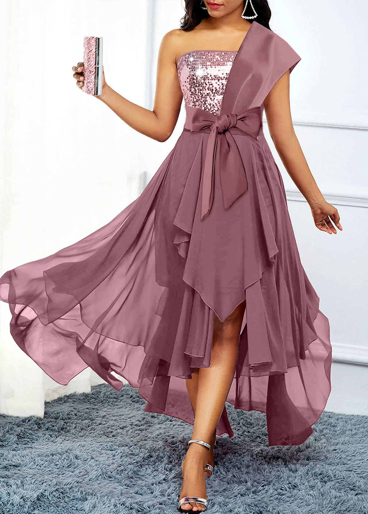 Dusty Pink dresses,Plain Color dresses,Party dresses,Elegant dresses,ROTITA Asymmetric Hem Dusty Pink Belted High Low Dress