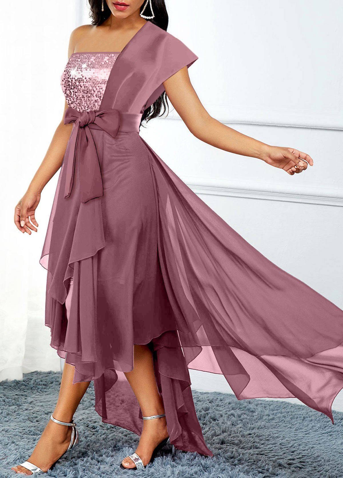 Dusty Pink dresses,Plain Color dresses,Party dresses,Elegant dresses,ROTITA Asymmetric Hem Dusty Pink Belted High Low Dress