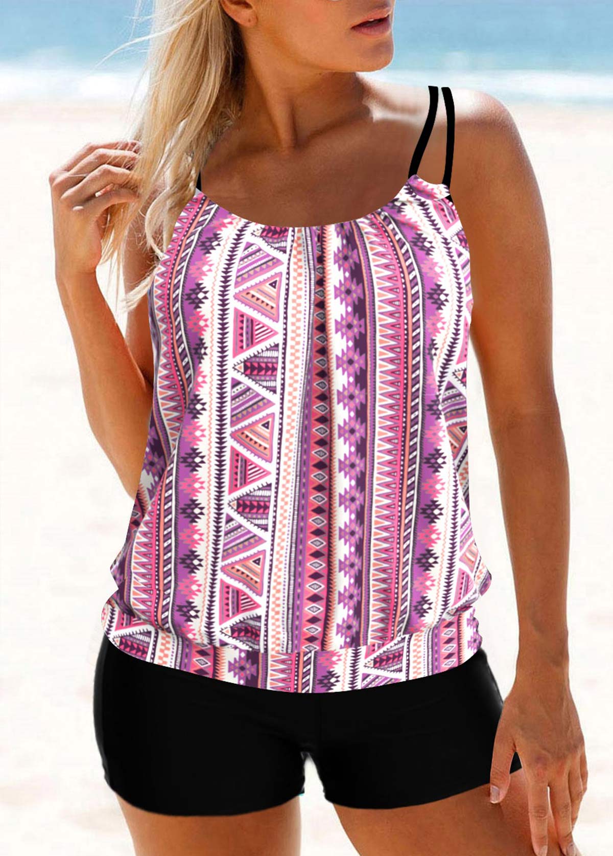 ROTITA Light Pink Geometric Print Tankini Top-No Bottom
