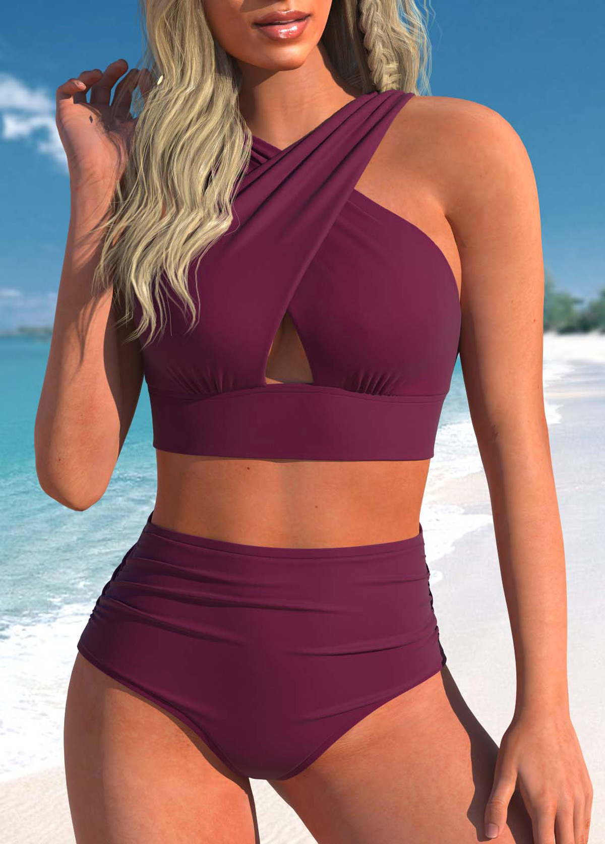 ROTITA Surplice Dark Reddish Purple High Waisted Bikini Set