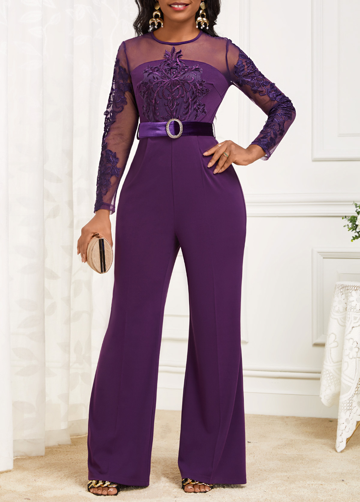 ROTITA Velvet Purple Belted Long Round Neck Jumpsuit