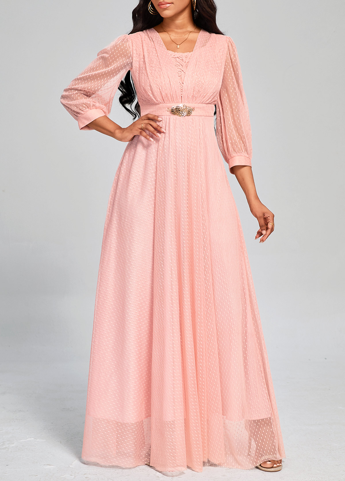 ROTITA Mesh Pink Three Quarter Length Sleeve Dress