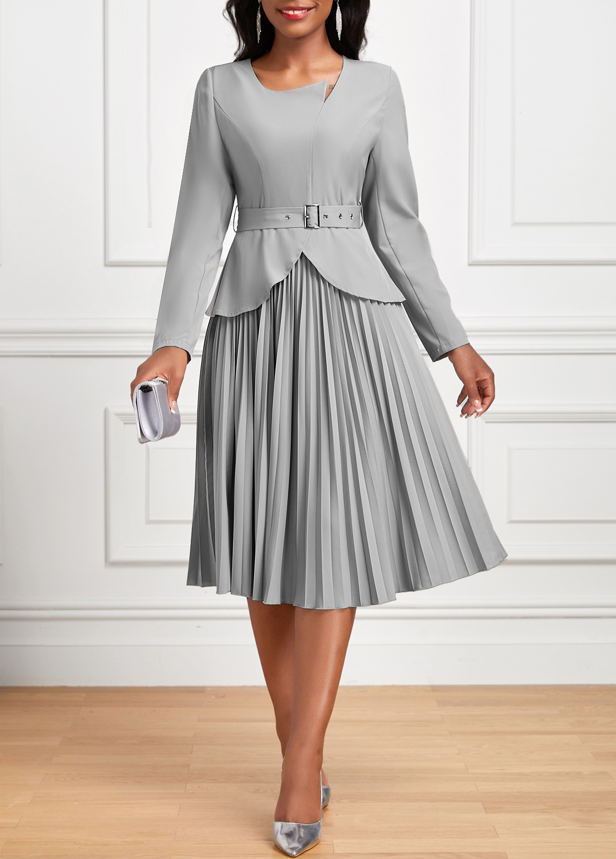 ROTITA Pleated Grey Belted Asymmetrical Neck Long Sleeve Dress