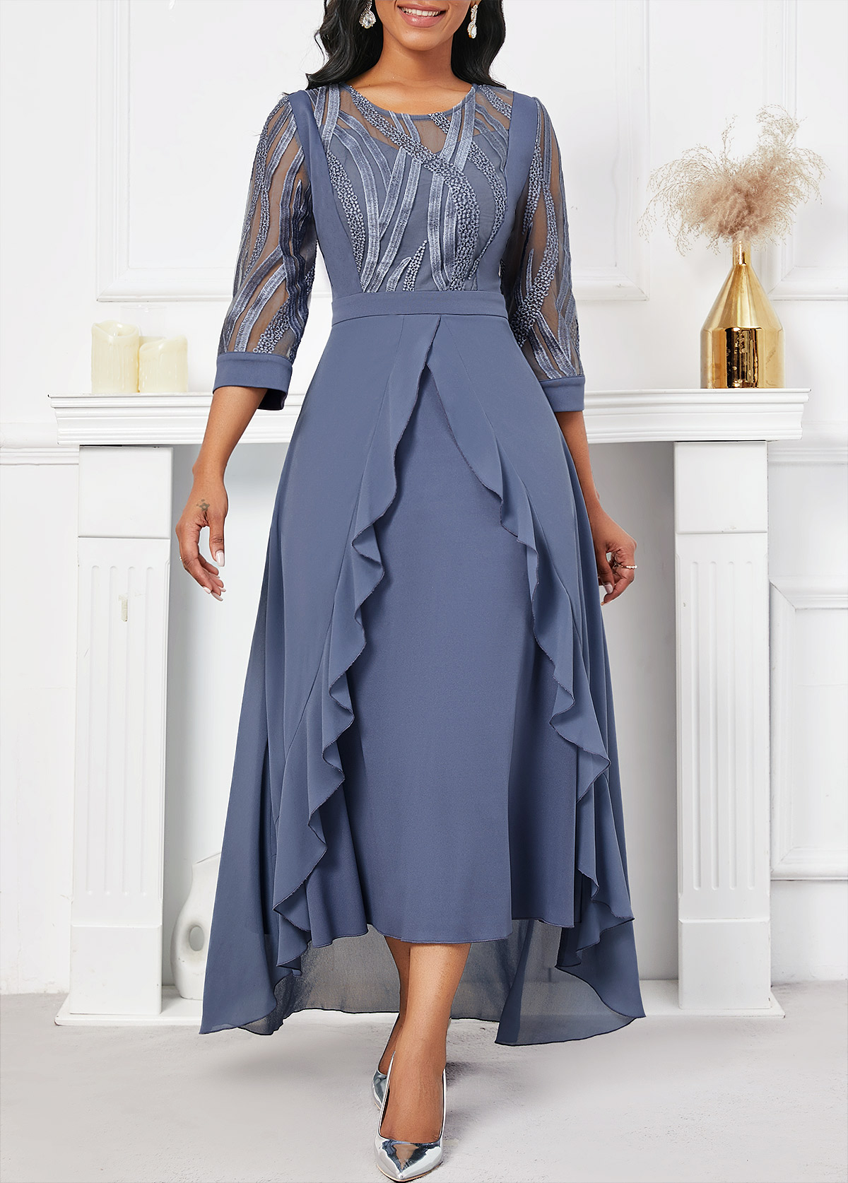 ROTITA Embroidery Dusty Blue High Low Round Neck Dress