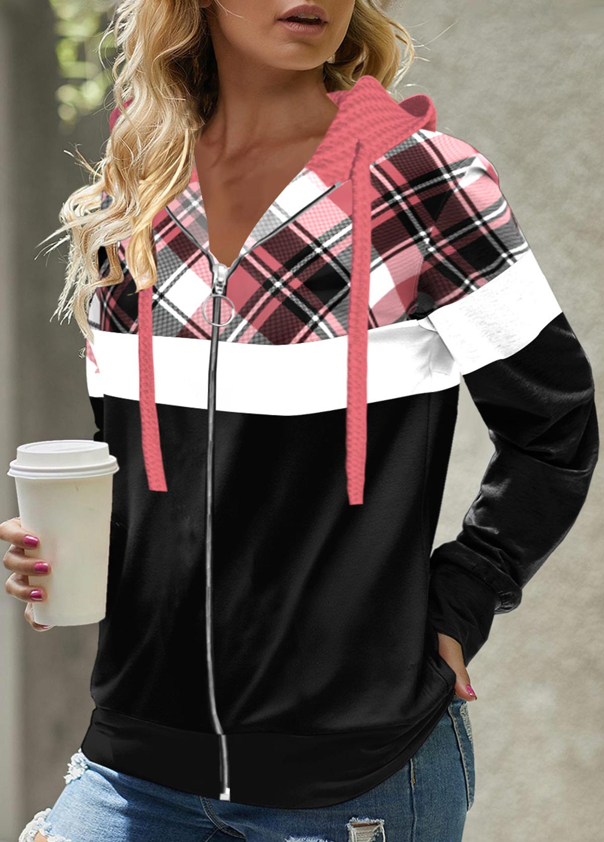 ROTITA Zipper Plaid Pink Long Sleeve Hoodie