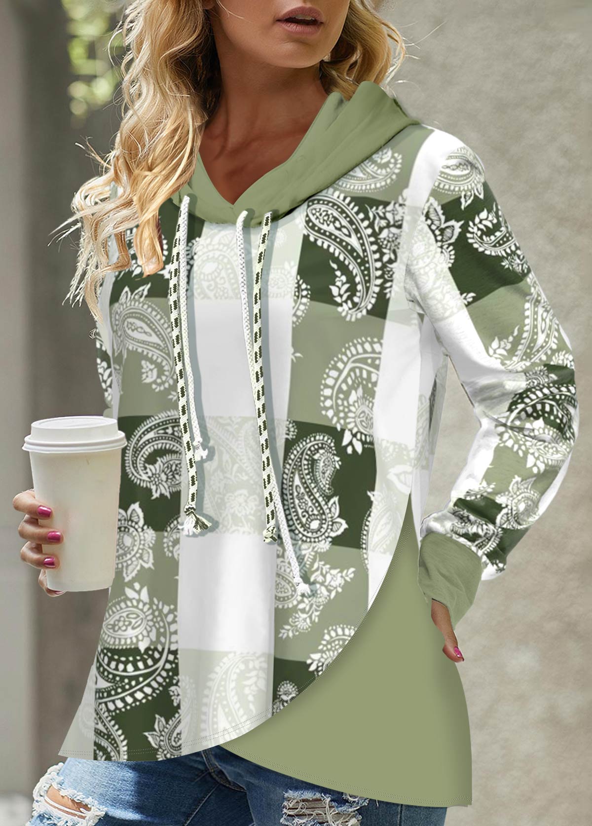 ROTITA Patchwork Tribal Print Light Green Long Sleeve Hoodie