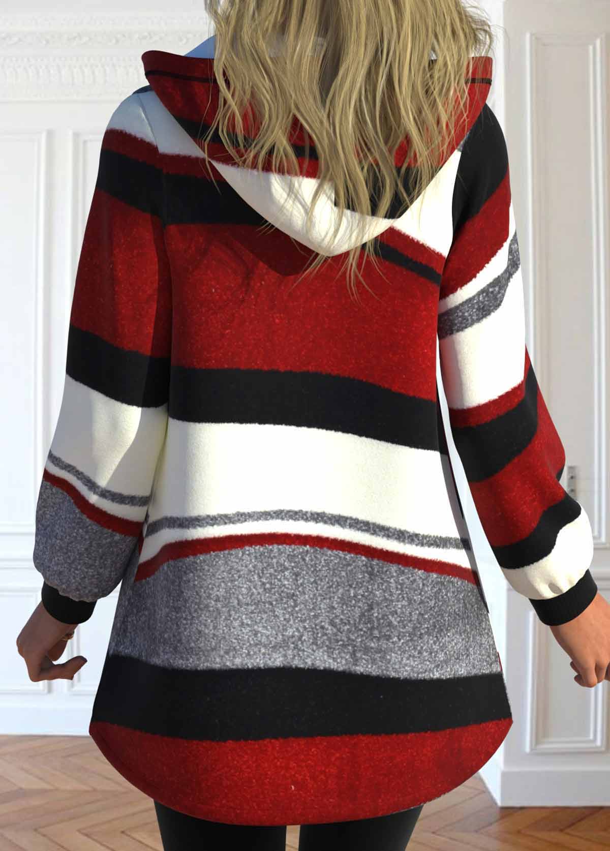 manteau à manches longues à capuche rouge vin à imprimé géométrique avec poche rotita